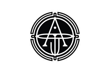 A black and white emblem featuring letters a and u within a circular design