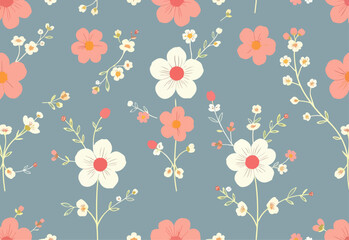 Seamless pink floral pattern with cute vintage flowers and leaves for spring summer decoration and textile design