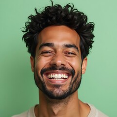 Man Smiling Wide with Curly Hair Against Green Background