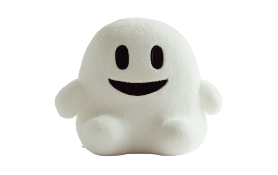 Adorable ghost plush toy with a friendly smiling face perfect for Halloween themed indoor decorations isolated on transparent background PNG