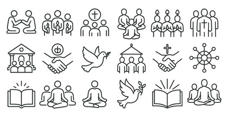 Obraz premium Series of icons depicting various religious and spiritual symbols. The icons include a dove, a cross, a book, a person sitting, and a person standing. Scene is one of peace, spirituality, and unity