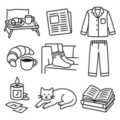 Fototapeta premium Weekend Comfort Icons. Line style icons of weekend comfort essentials: breakfast tray in bed, morning paper, slippers on rug,
