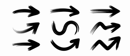 Arrow shapes in motion. Black design elements with brush stroke effect on white.