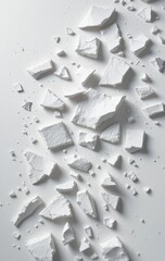 Fragmented plaster pieces on a white surface create an abstract texture