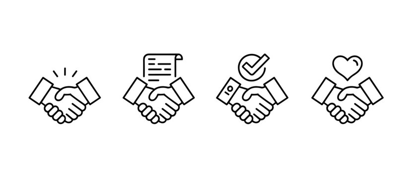 Handshake icons set representing agreement, contract, guarantee and love. Deal concept.