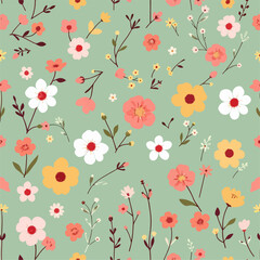 Fototapeta premium Floral seamless pattern set, trendy graphic digital papers with botanical elements, flowers, leaves for your design. Hand drawn collection. Vector illustration