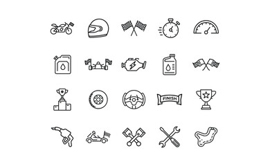 Racing Icons Set: Motorsport Elements in Outline Style.