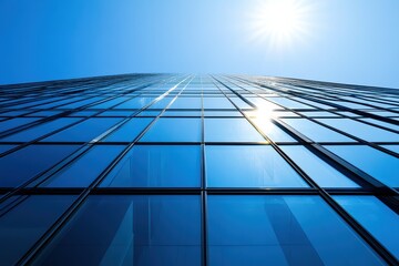 Blue glass building reflecting sky and sun.