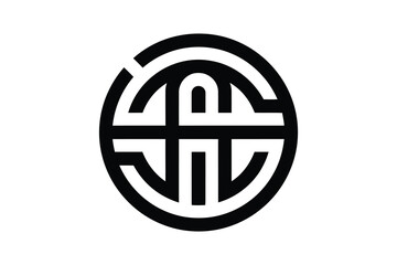 A black and white circular logo with abstract letter shapes inside it