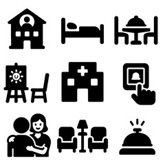 Assisted Living Icons. Solid vector icons of assisted living facilities: care home building, senior room bed, dining hall icon,