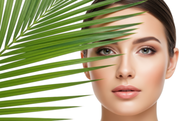 Close up of a woman's face with green palm leaves obscuring part of her eye transparent background