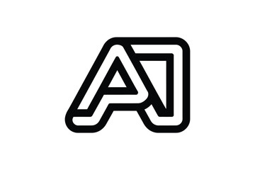 A stylized black and white logo featuring the letters a and j design