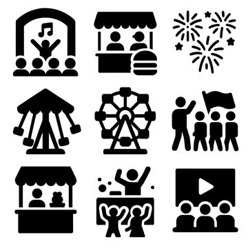 Summer Festival Icons. Solid vector icons of summer festivals and events: outdoor concert, street food fest, fireworks display,