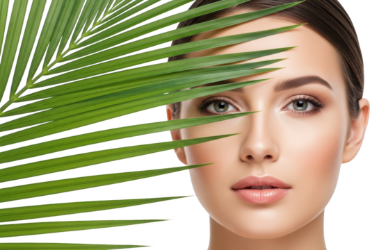 Close up of a woman's face with green palm leaves obscuring part of her eye transparent background