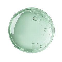 Green gel bubble with air bubbles suspended in transparent liquid sphere on transparent background