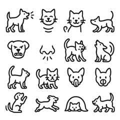 Pet Behavior Icons. Line style icons of pet behavior: barking dog, meowing cat, purring icon, wagging tail, growling face,