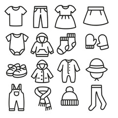 Children's Clothing Icons. Line style icons of children&rsquo;s clothing: t-shirt, pants, dress, skirt, baby romper, hoodie, socks,