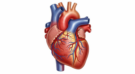 Illustration of a human heart with arteries and veins on a white background in full view style