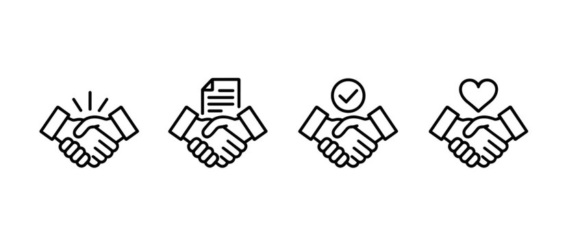 Handshake agreement line icons concept: deal, contract, check mark, love handshaking