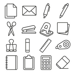 Office Supplies Icons. Line style icons of office supplies: paper sheets, envelope, highlighter, ballpoint pen, scissors, stapler,