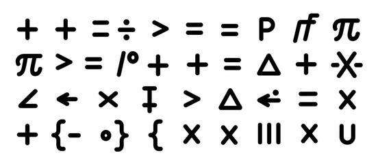 Mathematics symbols set, black shapes, arithmetic, equation, plus, minus, pi