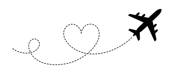 Airplane flying love route, travel concept, flight path, dotted line, journey, romantic trip