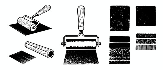 Obraz premium Linocut tools with roller stamp, ink printing for textured design, vector art