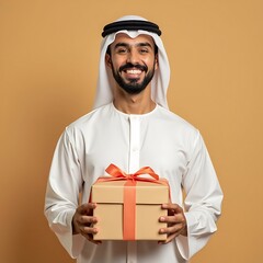 Smiling Arab Man Holding Gift Box in Traditional White Clothing