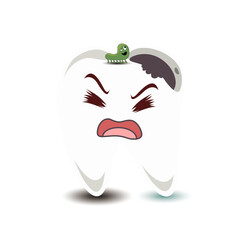 white teeth that have a hole with an expression of pain equipped with green germs are walking towards the hole