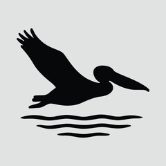 Silhouette pelican flying above water surface simple vector illustration