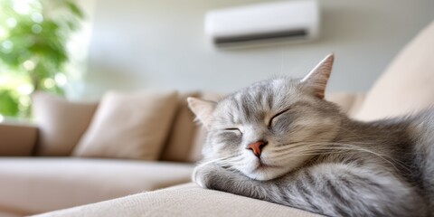 Cozy close-up photos of cats sleeping peacefully on a beige couch, with air conditioners visible in the background, suggesting a cool and comfortable environment.
