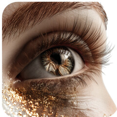 close-up of a human eye, showing a clear reflection of an open book in the pupil and iris, warm natural lighting, sharp details of eyelashes and skin texture, emotional cinematic look