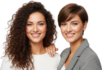 Two smiling women one with long curly brown hair and the other with short brown hair stand together transparent background