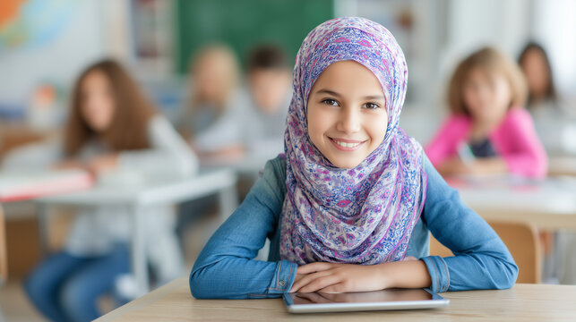 Smiling Muslim girl student in classroom celebrating World Youth Day, embracing diversity, education, and empowerment of global youth