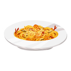 Cartoon vector illustration of Italian pasta with seafood, shrimp, mussel, cheese. Hand drawn food art for menu design, culinary ads, recipe visuals, stickers, food packaging
