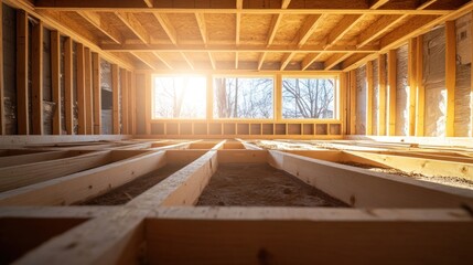 New Home Construction: Wooden Frame Structure Under Sunlight