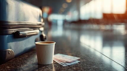 Travel essentials: coffee, passport, and boarding pass at airport terminal