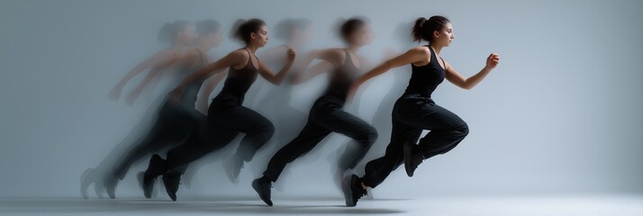 Asian young female athlete in motion running sequence on blue background