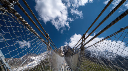 High-Altitude Rope Suspension Bridge in Mountain Range Landscape