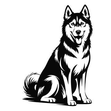 Black and white vector illustration of a sitting husky dog silhouette in profile