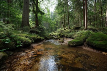 Obraz premium Serene forest stream flowing through lush green woodland scenery