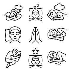 Dream Icons Collection. Line style icons of sleep positions and dreams: dreaming sleeper, REM sleep icon, position with dream