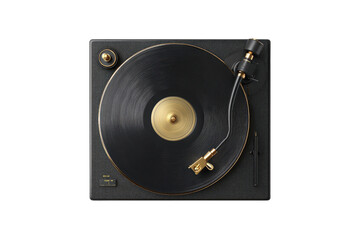 Overhead view of a black vinyl record player featuring gold accents with a vinyl record in position to play