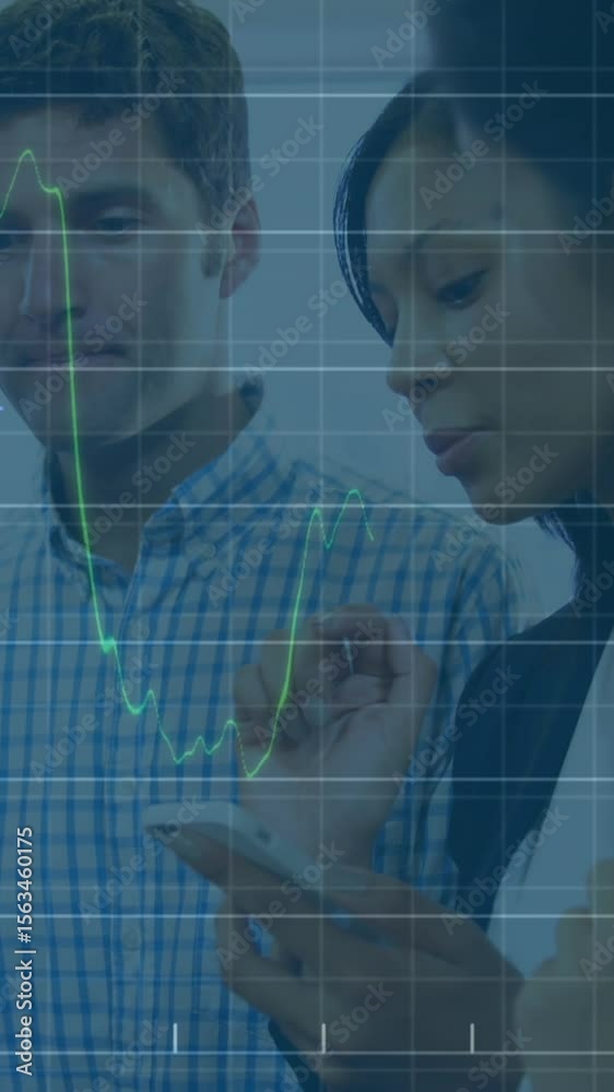 Poster animation of graphs and numbers on grid pattern over diverse coworkers discussing report on laptop