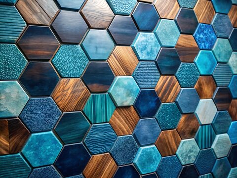 Seamless blue hexagonal mosaic tile pattern texture background with a geometric honeycomb design - Powered by Adobe