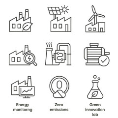 Industry Sustainability Icons. Line style icons of sustainability in industry: green factory icon, solar-powered plant,