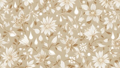 "Seamless Beige Vector Pattern with White Drops in Monochrome Floral Style"