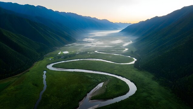 Aerial view of winding river through lush green valley landscape at sunrise or sunset
