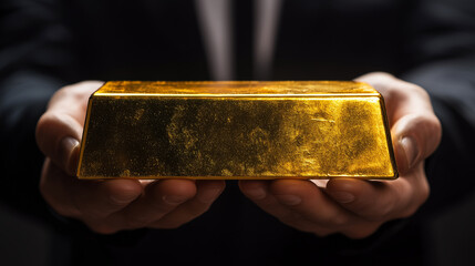スーツ姿の男性が両手で純金の金塊を大切に持つ姿 | 高級感ある構図