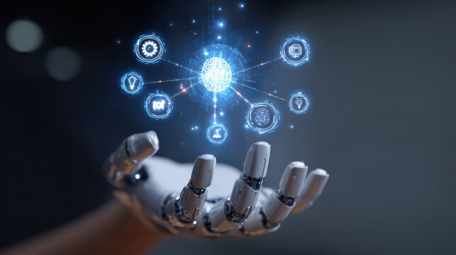 Futuristic Robotic Hand Reaching for Holographic Brain Icons Depicting Artificial Intelligence and Technology Innovations in a Digital Space